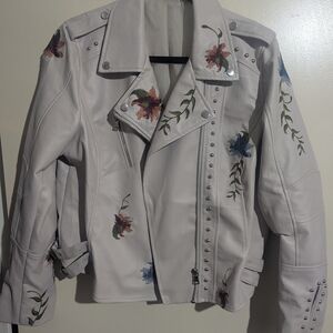 Women’s Embroidered Pale Gray Leather Moto Jacket